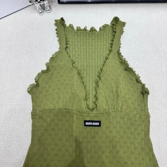 Miu Miu Lace Edging V-Neck Striped Dress - Picture 3 of 6